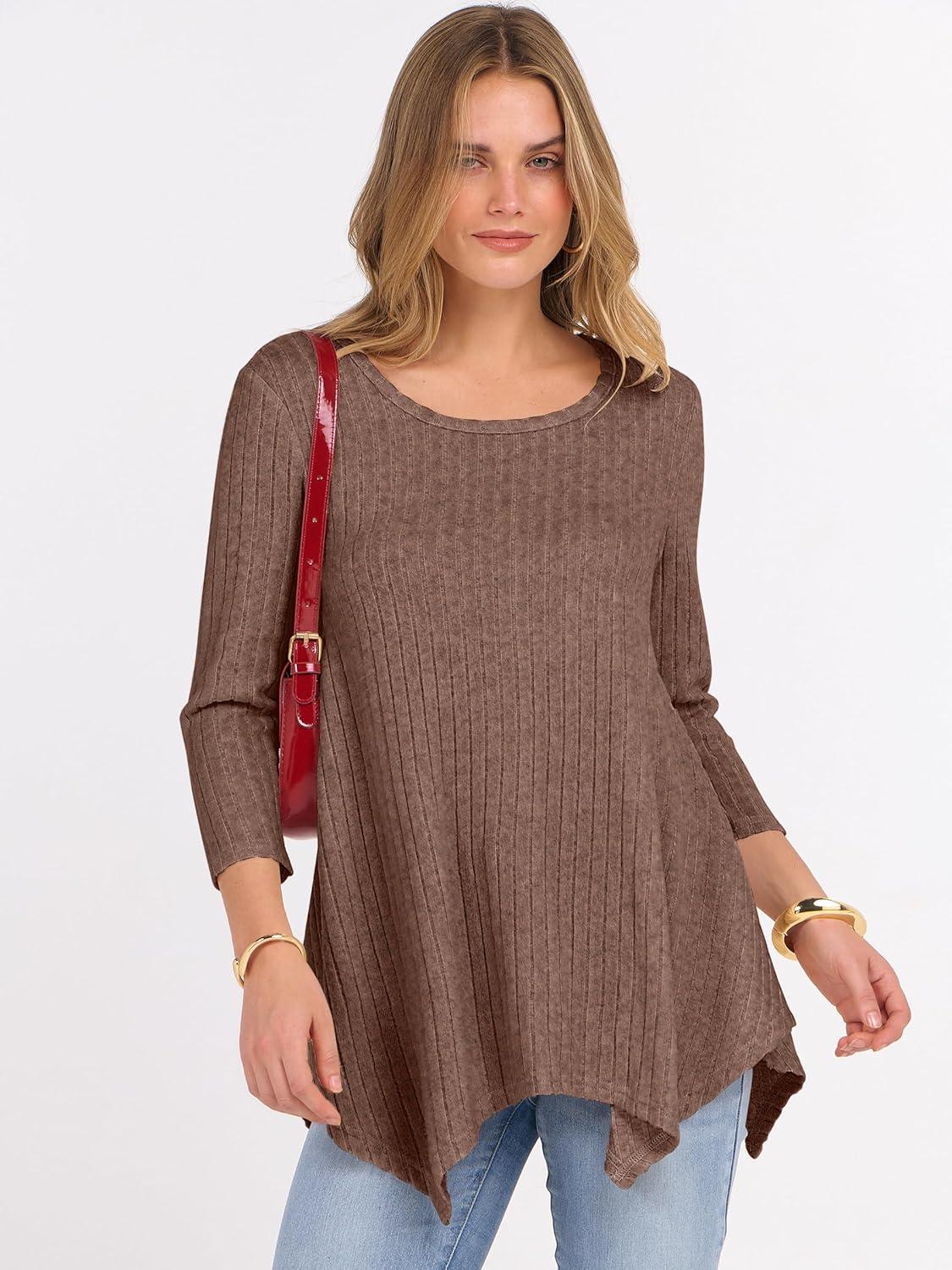 imageANRABESS Womens 34 Sleeve Flowy Tunic Tops Crew Neck Ribbed Loose Fit Side Slit Shirts Casual Blouses 2025 Fall ClothesDark Brown