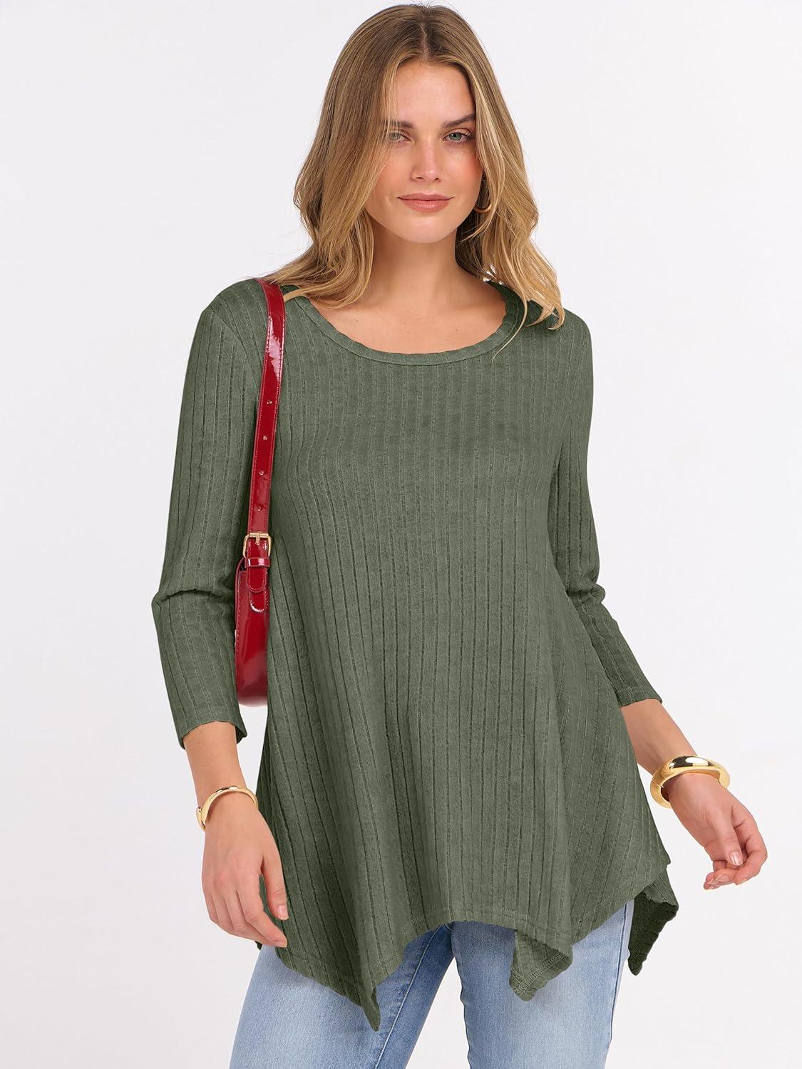 imageANRABESS Womens 34 Sleeve Flowy Tunic Tops Crew Neck Ribbed Loose Fit Side Slit Shirts Casual Blouses 2025 Fall ClothesDeep Green