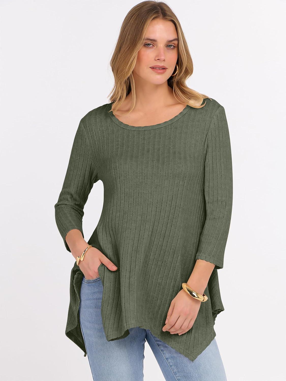 imageANRABESS Womens 34 Sleeve Flowy Tunic Tops Crew Neck Ribbed Loose Fit Side Slit Shirts Casual Blouses 2025 Fall ClothesDeep Green