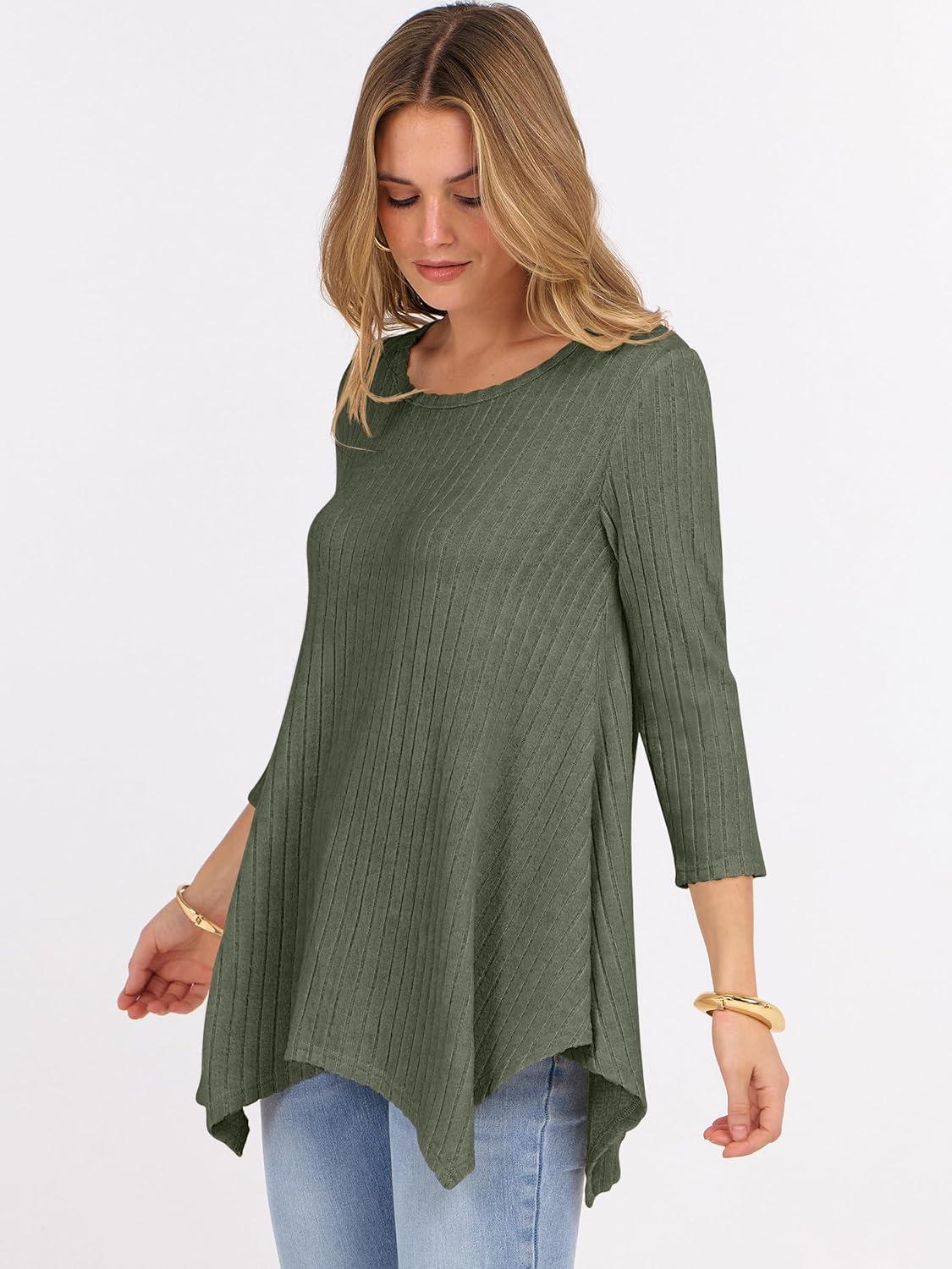 imageANRABESS Womens 34 Sleeve Flowy Tunic Tops Crew Neck Ribbed Loose Fit Side Slit Shirts Casual Blouses 2025 Fall ClothesDeep Green