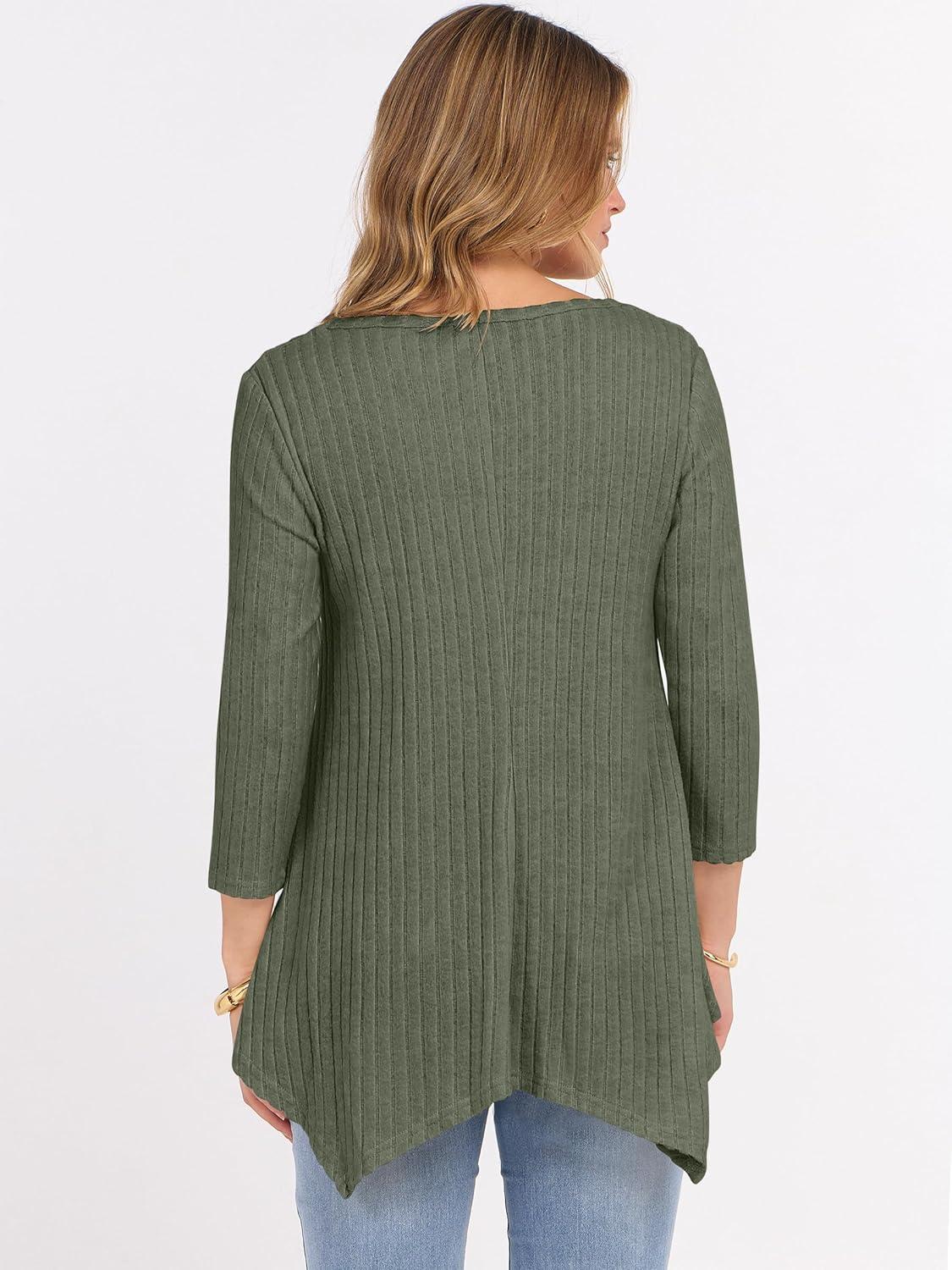 imageANRABESS Womens 34 Sleeve Flowy Tunic Tops Crew Neck Ribbed Loose Fit Side Slit Shirts Casual Blouses 2025 Fall ClothesDeep Green