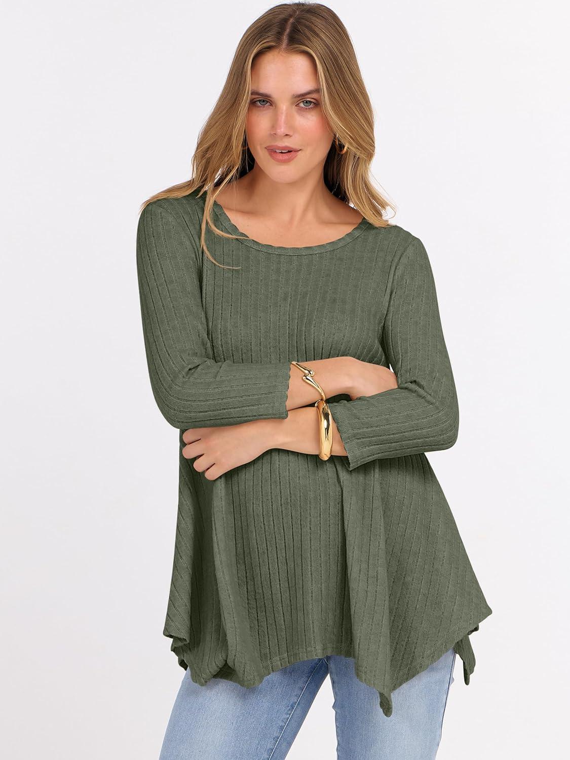 imageANRABESS Womens 34 Sleeve Flowy Tunic Tops Crew Neck Ribbed Loose Fit Side Slit Shirts Casual Blouses 2025 Fall ClothesDeep Green