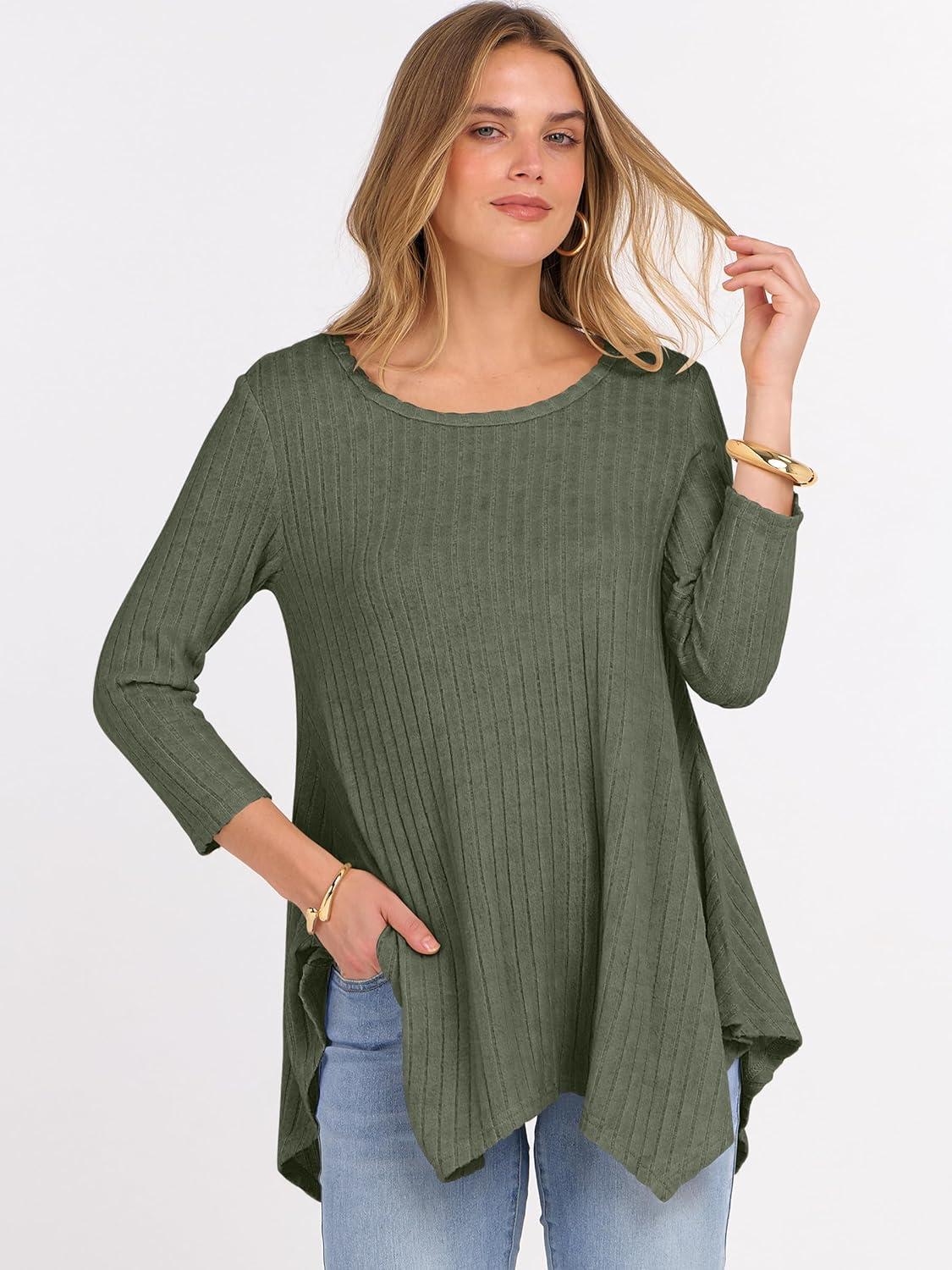 imageANRABESS Womens 34 Sleeve Flowy Tunic Tops Crew Neck Ribbed Loose Fit Side Slit Shirts Casual Blouses 2025 Fall ClothesDeep Green