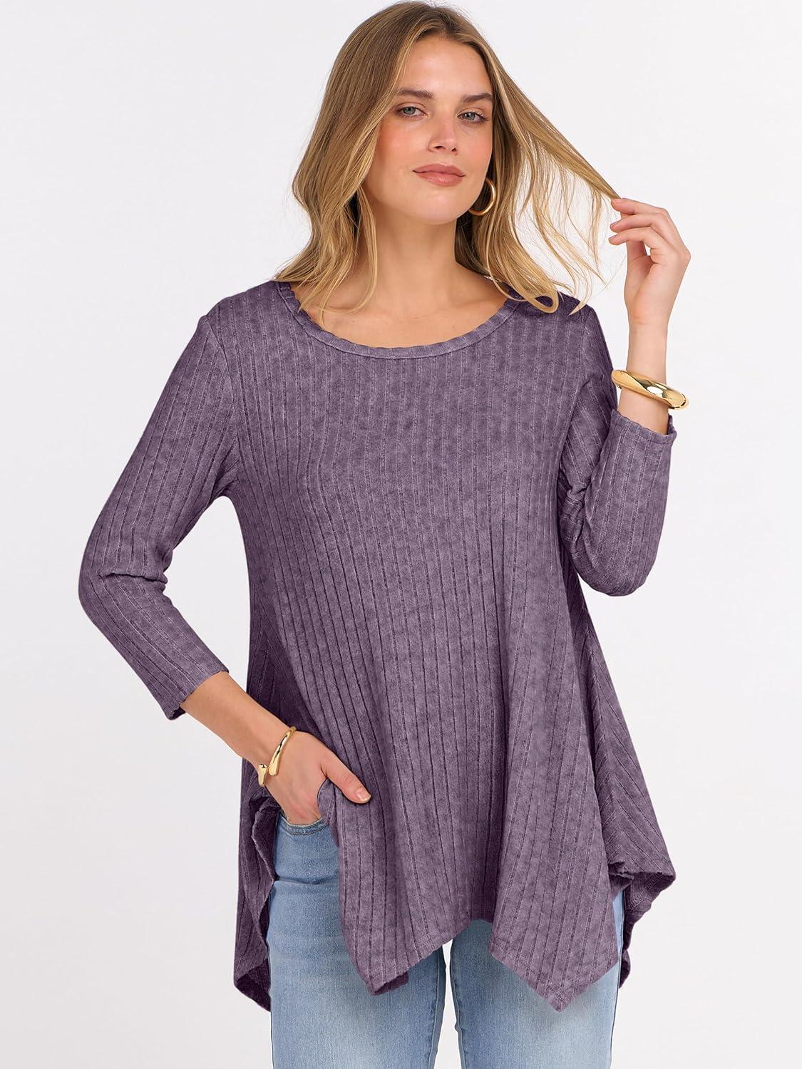 imageANRABESS Womens 34 Sleeve Flowy Tunic Tops Crew Neck Ribbed Loose Fit Side Slit Shirts Casual Blouses 2025 Fall ClothesPurple