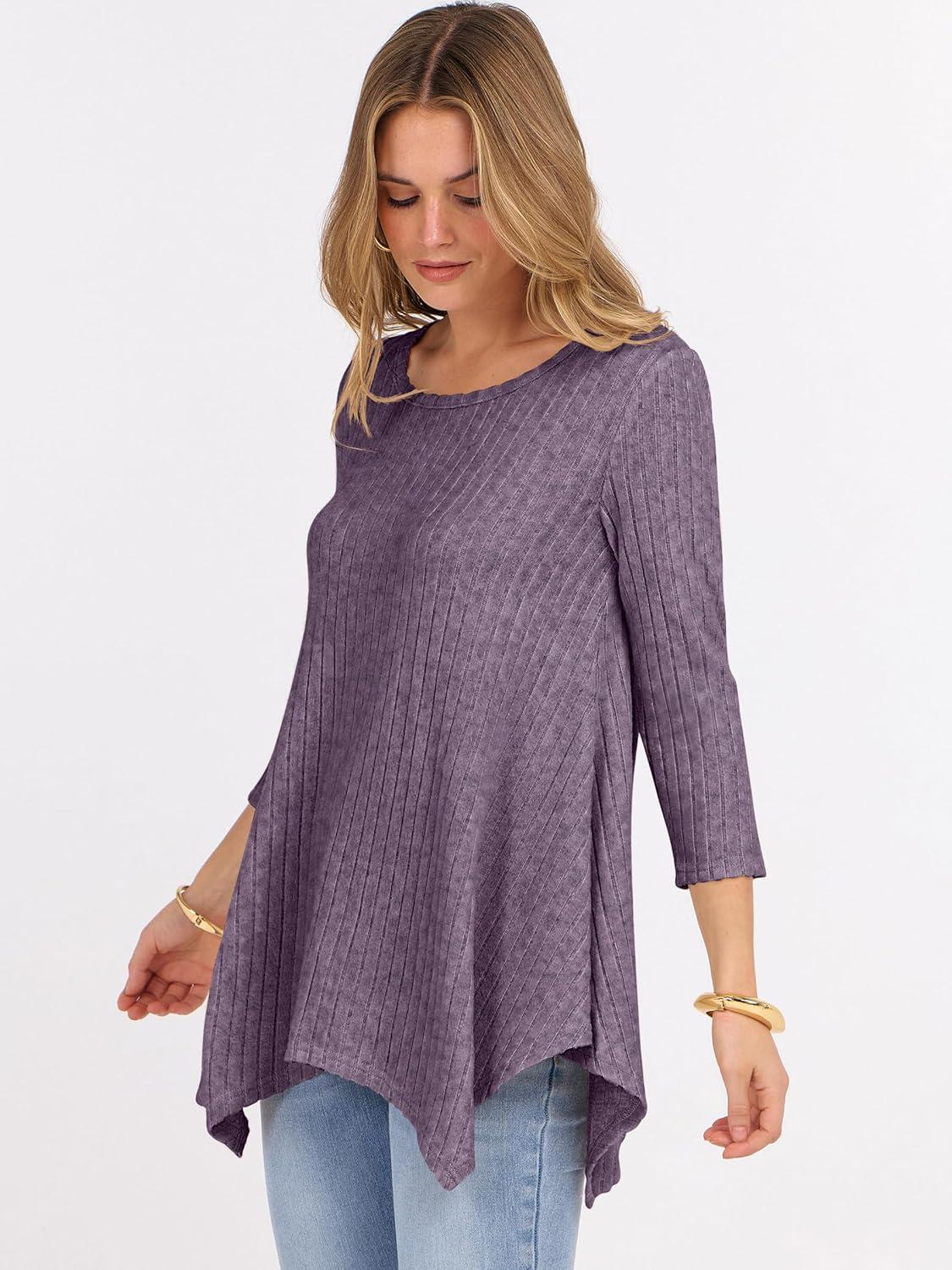 imageANRABESS Womens 34 Sleeve Flowy Tunic Tops Crew Neck Ribbed Loose Fit Side Slit Shirts Casual Blouses 2025 Fall ClothesPurple