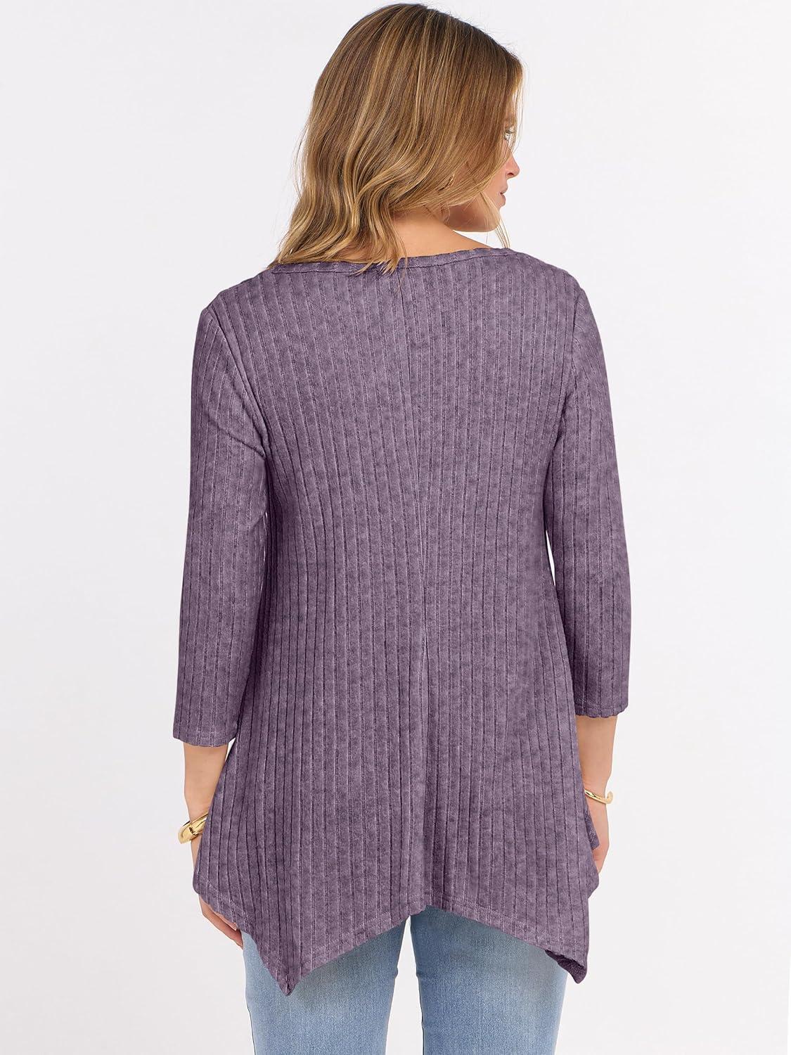 imageANRABESS Womens 34 Sleeve Flowy Tunic Tops Crew Neck Ribbed Loose Fit Side Slit Shirts Casual Blouses 2025 Fall ClothesPurple