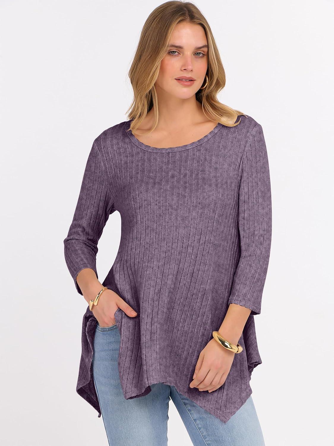 imageANRABESS Womens 34 Sleeve Flowy Tunic Tops Crew Neck Ribbed Loose Fit Side Slit Shirts Casual Blouses 2025 Fall ClothesPurple