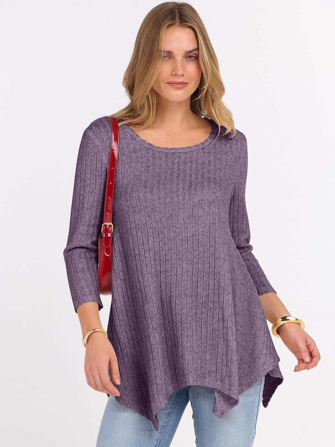 imageANRABESS Womens 34 Sleeve Flowy Tunic Tops Crew Neck Ribbed Loose Fit Side Slit Shirts Casual Blouses 2025 Fall ClothesPurple