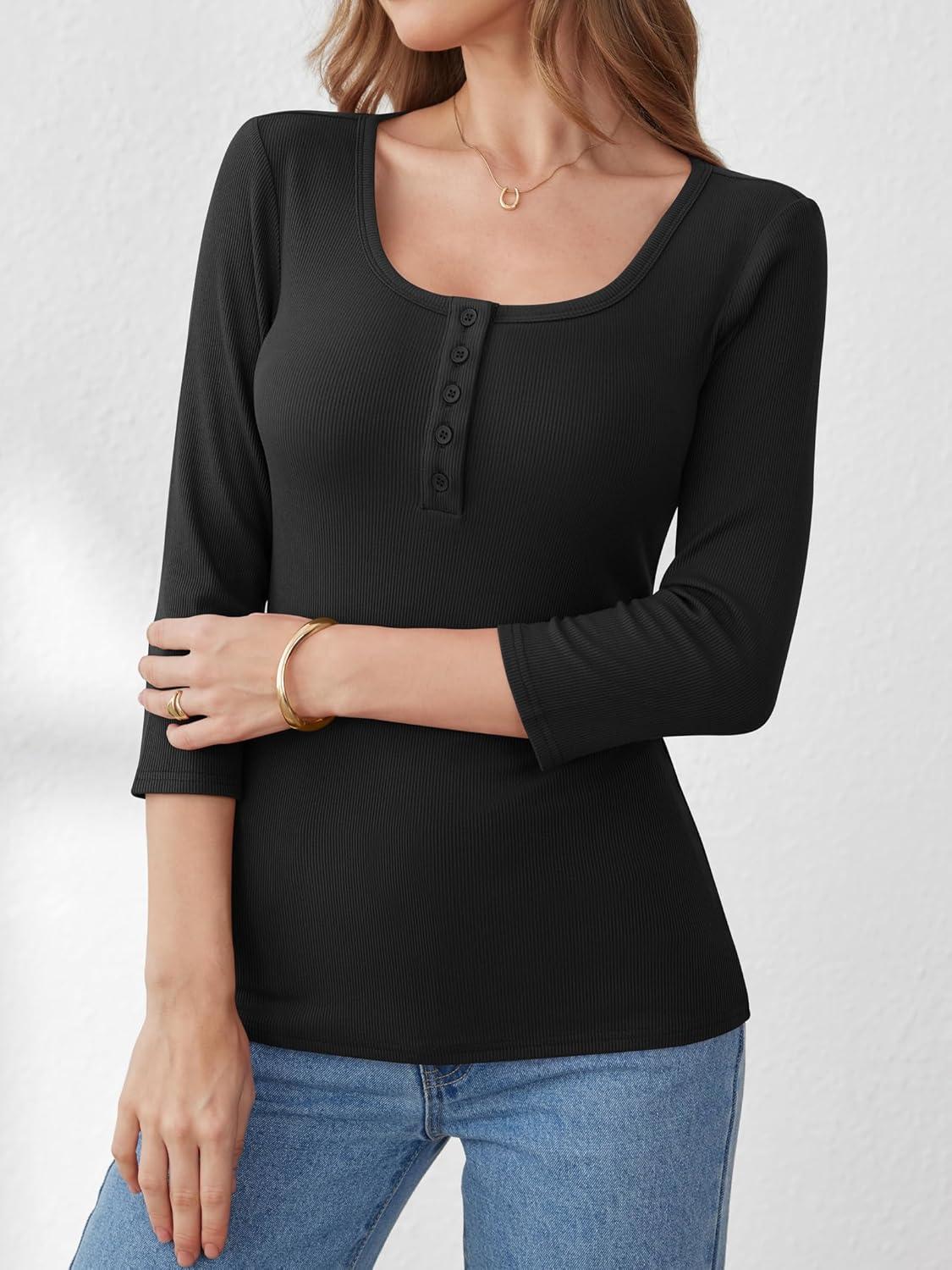 imageANRABESS Womens 34 Sleeve Henley Shirts Ribbed Knit Slim Fit Casual Basic T Shirts 2025 Summer Fall Button Up Blouse OutfitsBlack