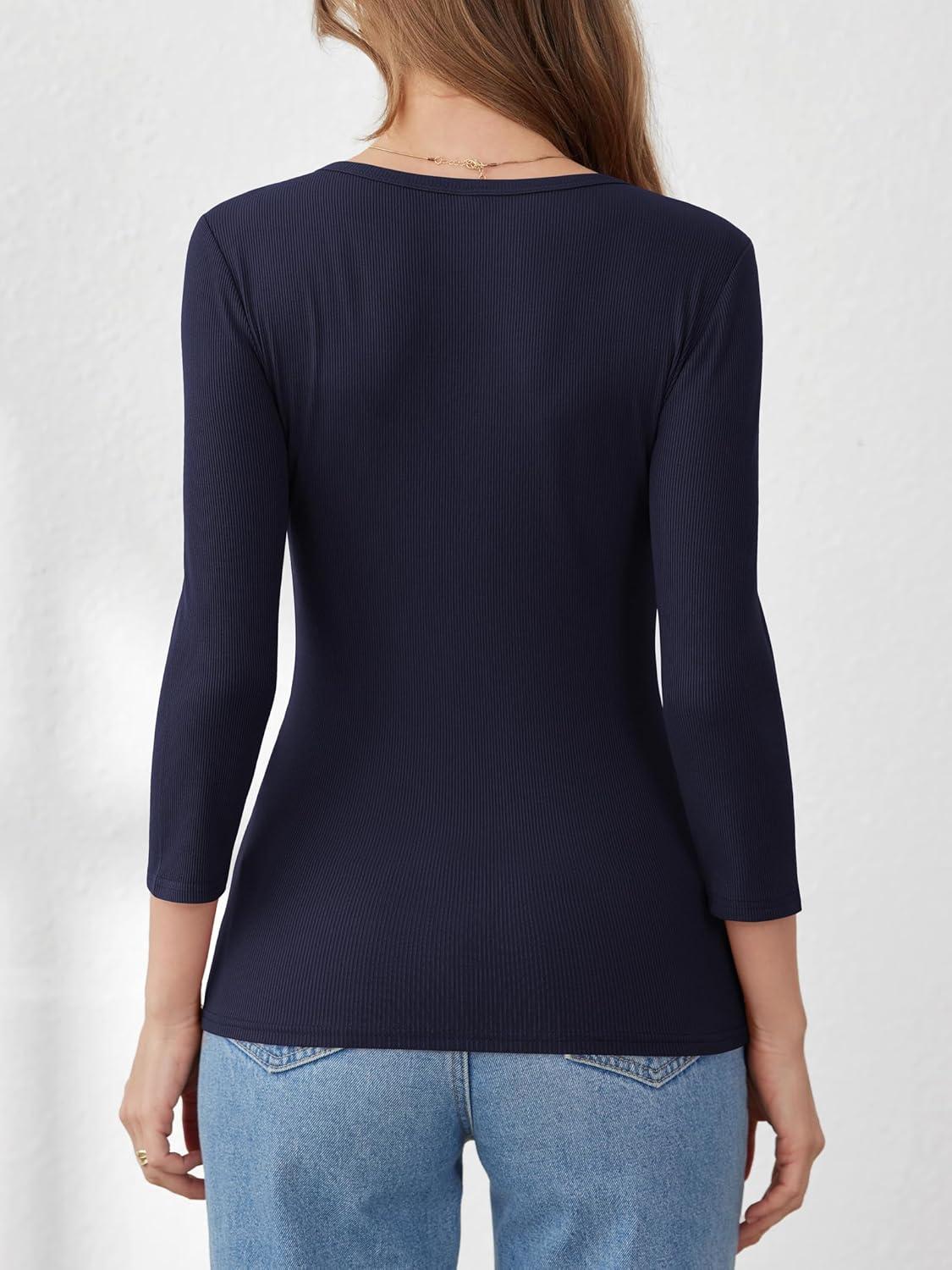 imageANRABESS Womens 34 Sleeve Henley Shirts Ribbed Knit Slim Fit Casual Basic T Shirts 2025 Summer Fall Button Up Blouse OutfitsNavy Blue