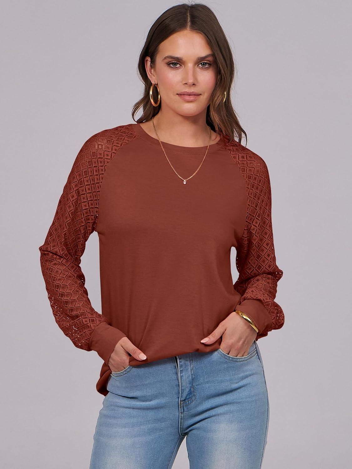 imageANRABESS Womens Long Sleeve Shirts Lace Tops Business Casual Blouses 2025 Fall Fashion OutfitsBrown