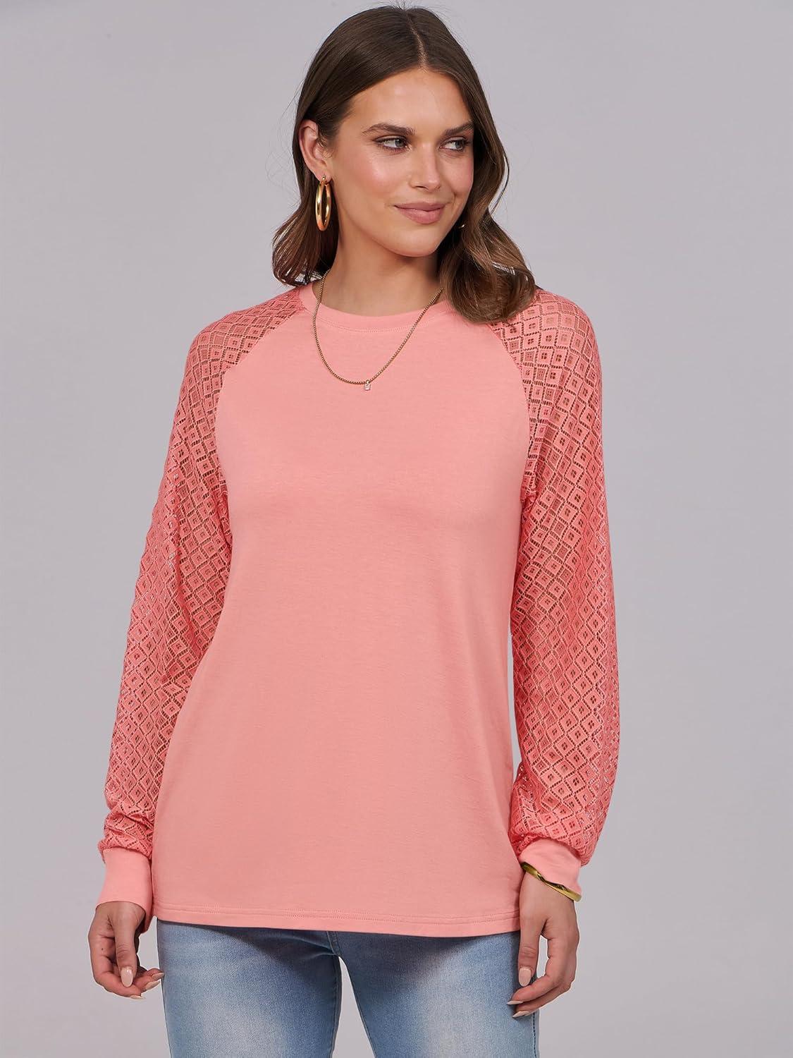 imageANRABESS Womens Long Sleeve Shirts Lace Tops Business Casual Blouses 2025 Fall Fashion OutfitsCoral Pink