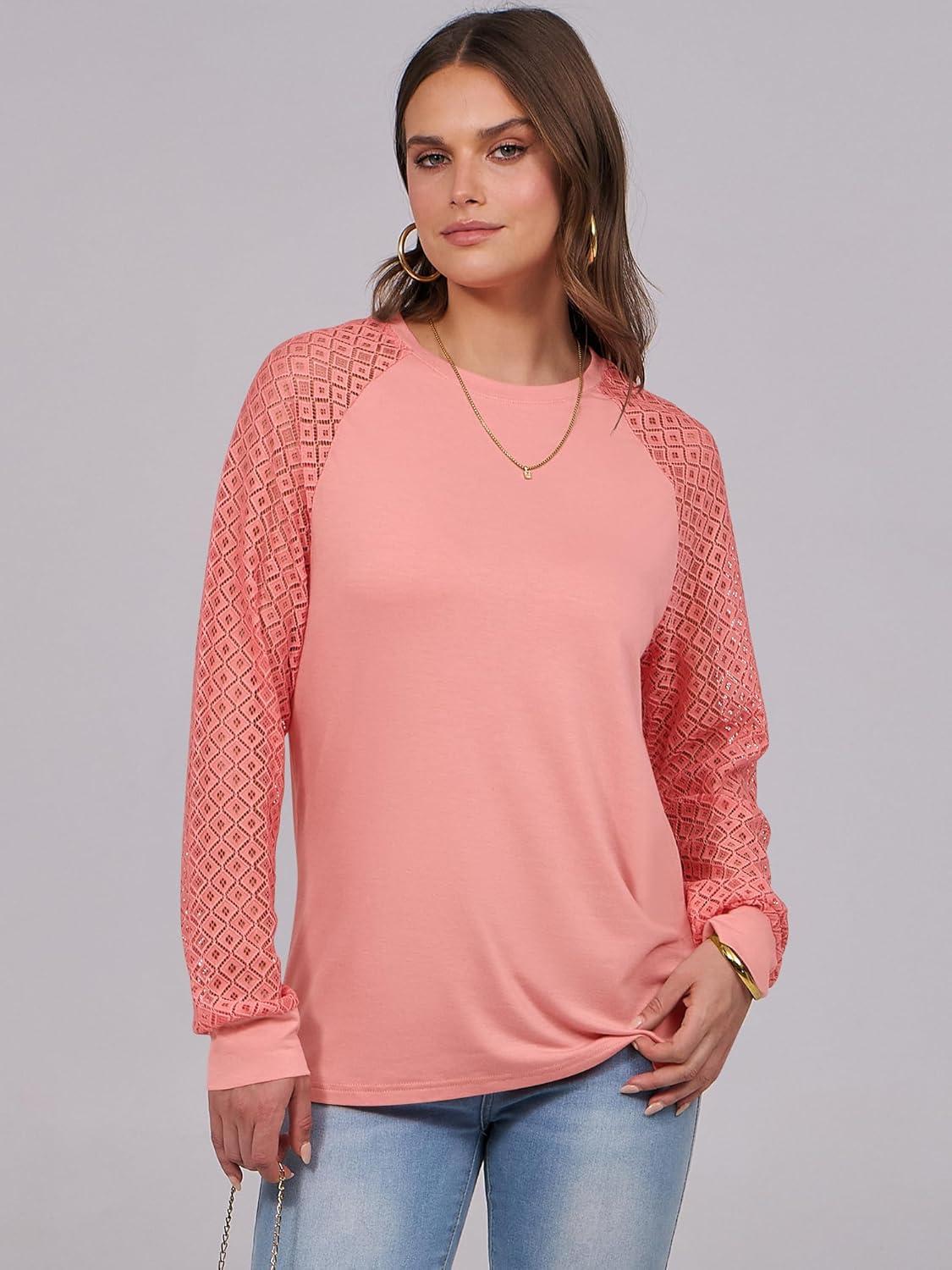 imageANRABESS Womens Long Sleeve Shirts Lace Tops Business Casual Blouses 2025 Fall Fashion OutfitsCoral Pink