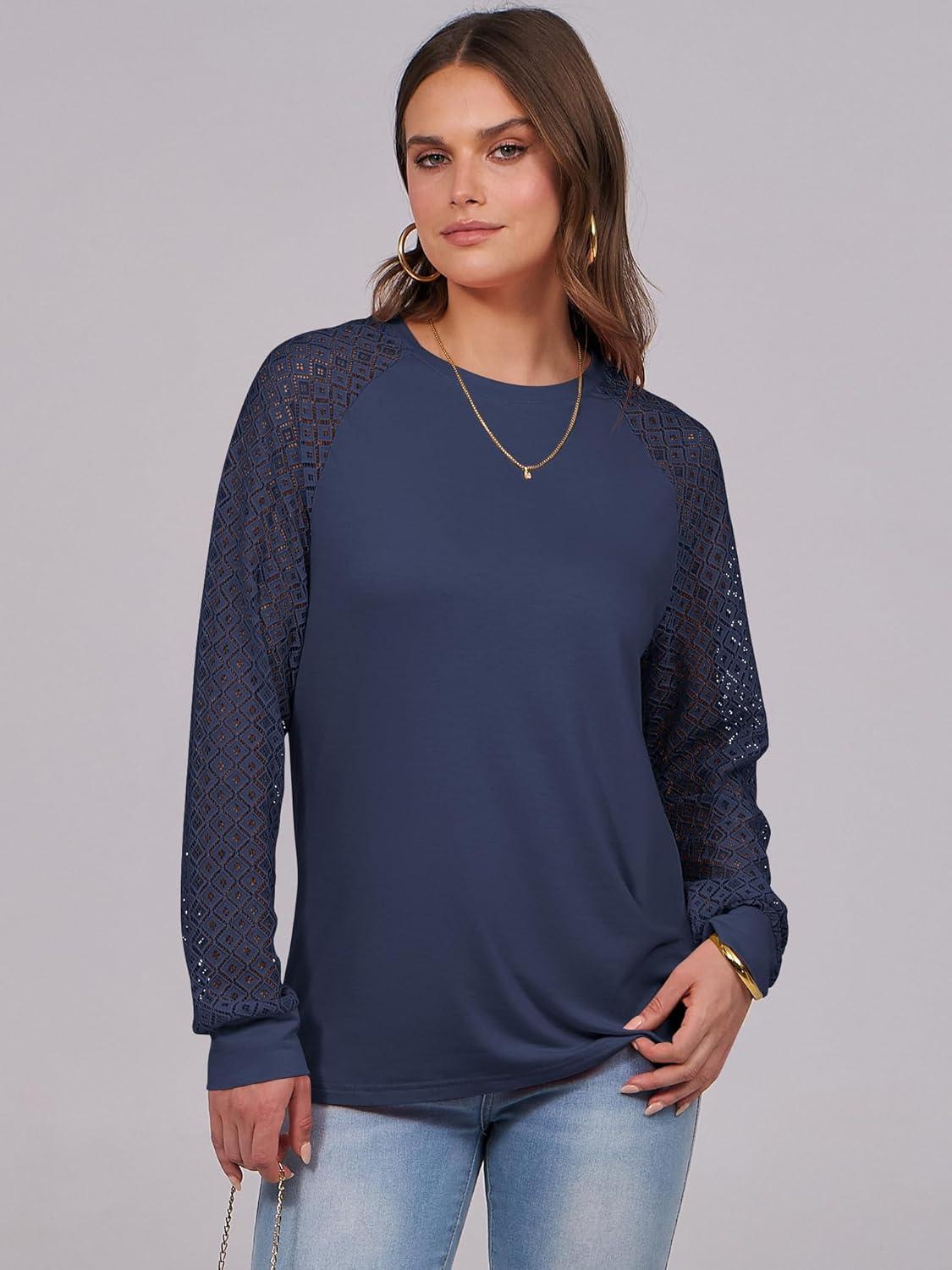 imageANRABESS Womens Long Sleeve Shirts Lace Tops Business Casual Blouses 2025 Fall Fashion OutfitsNavy Blue