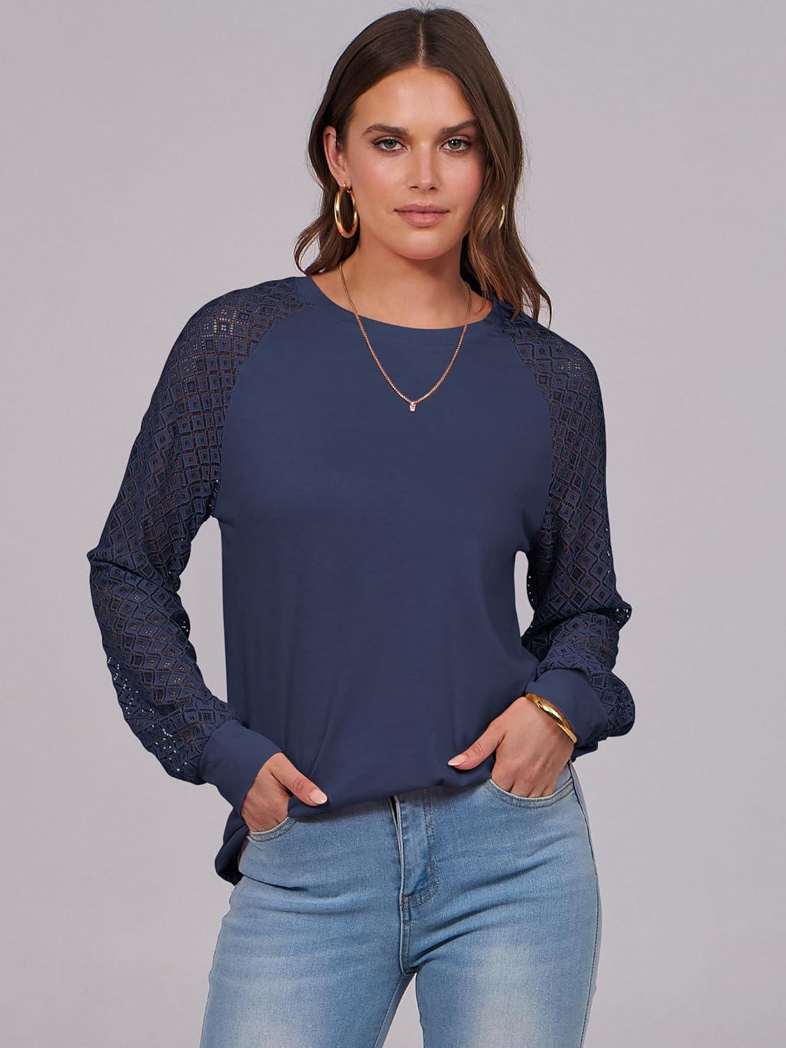 imageANRABESS Womens Long Sleeve Shirts Lace Tops Business Casual Blouses 2025 Fall Fashion OutfitsNavy Blue