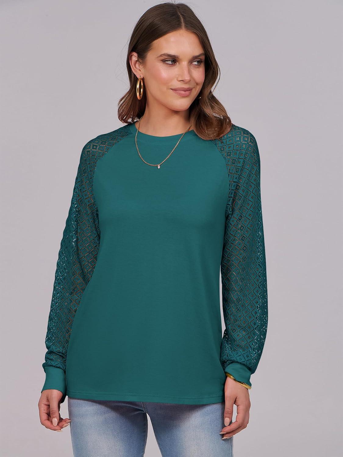 imageANRABESS Womens Long Sleeve Shirts Lace Tops Business Casual Blouses 2025 Fall Fashion OutfitsTeal