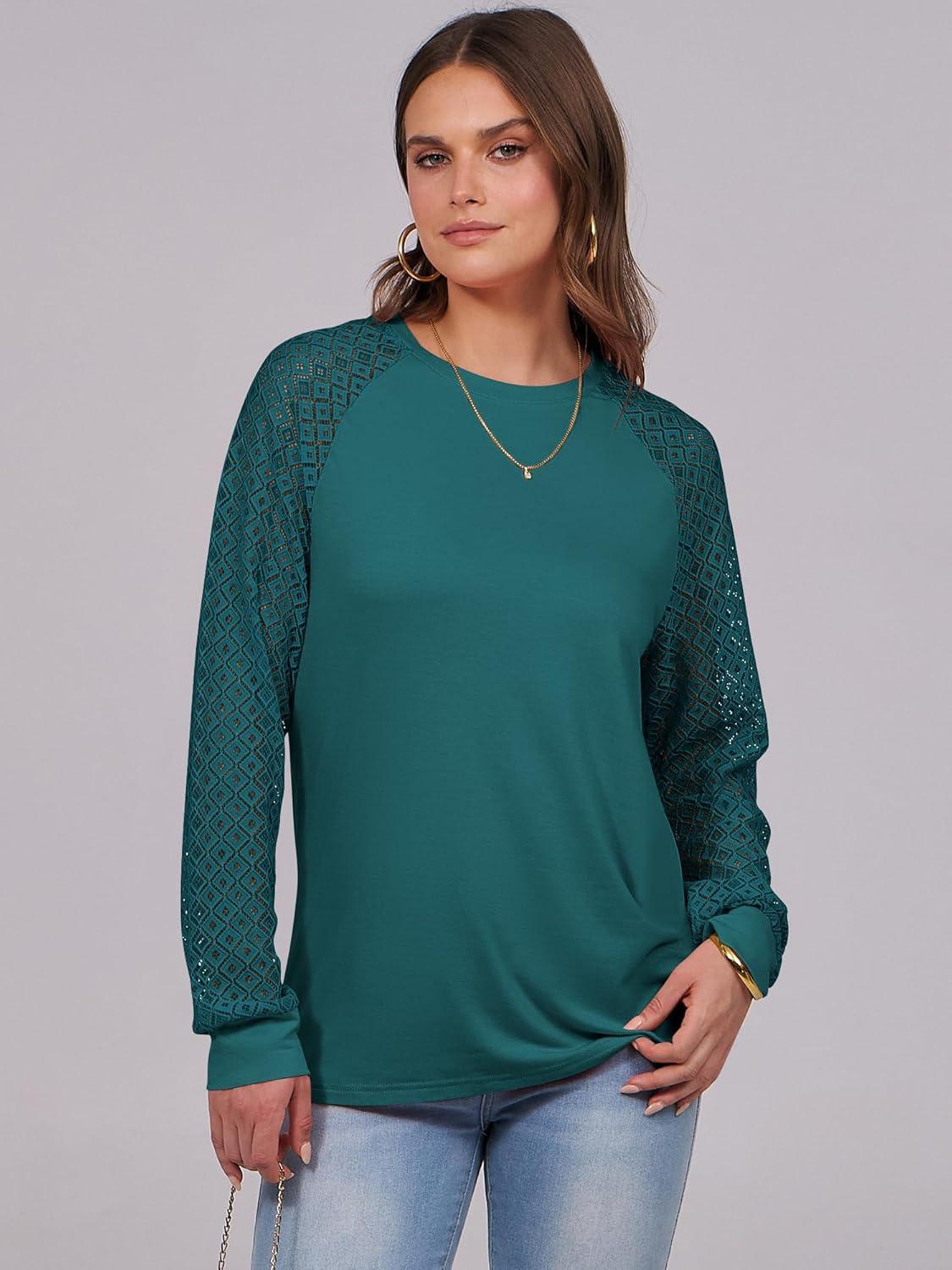 imageANRABESS Womens Long Sleeve Shirts Lace Tops Business Casual Blouses 2025 Fall Fashion OutfitsTeal