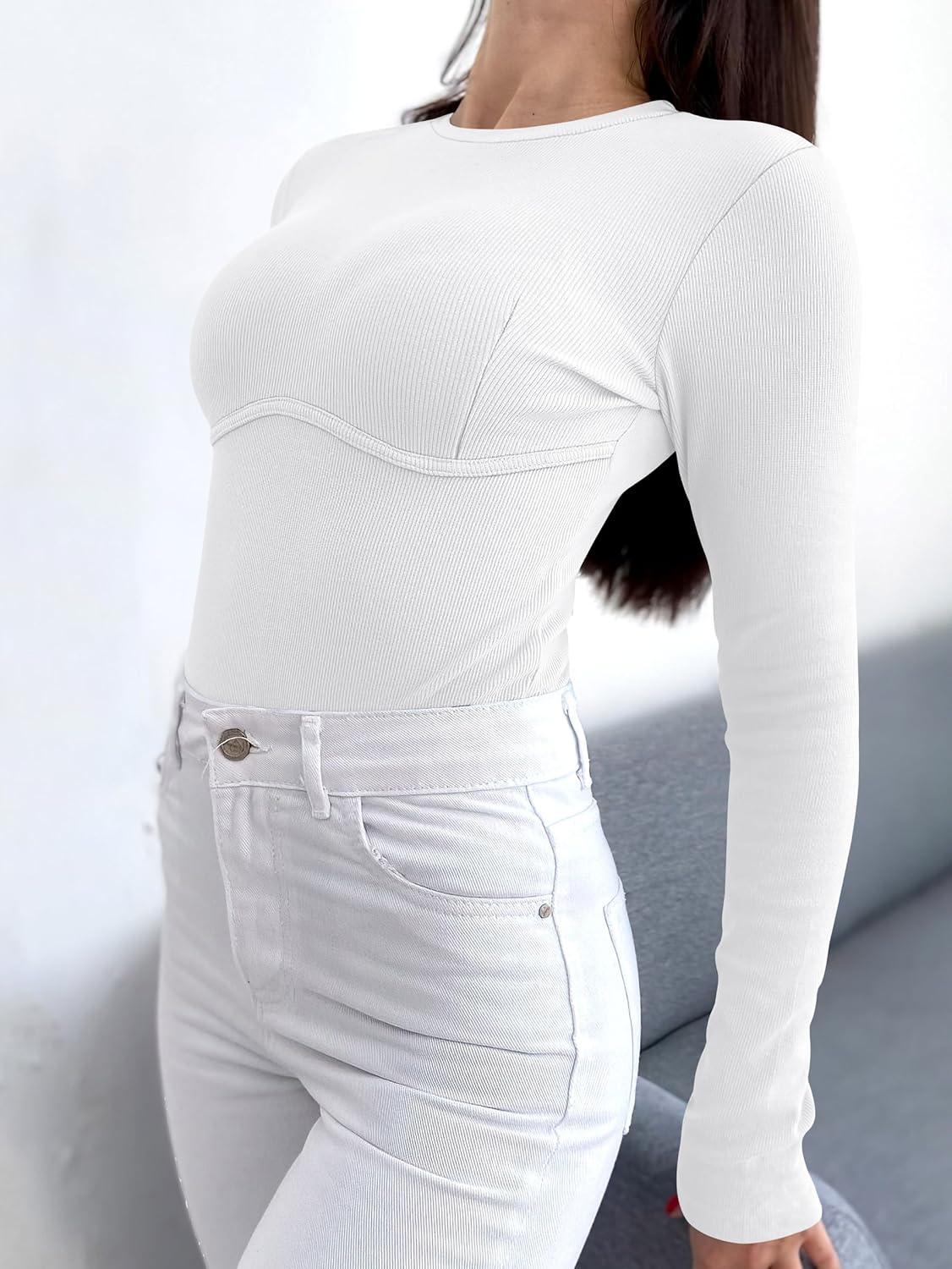 imageANRABESS Womens Long Sleeve Shirts Seamed Cup Crewneck Rib Knit Slim Tight Basic Top 2025 Fall Dressy Casual Corset TShirtsWhite