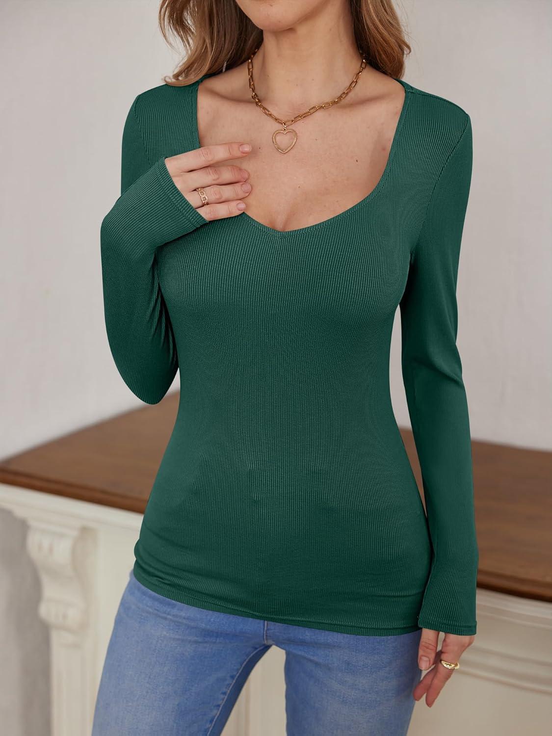 imageANRABESS Womens Long Sleeve Tops Sweetheart Neck Ribbed Knit Slim Fitted Shirts Basic Layer Tees 2025 Fall OutfitsDeep Green