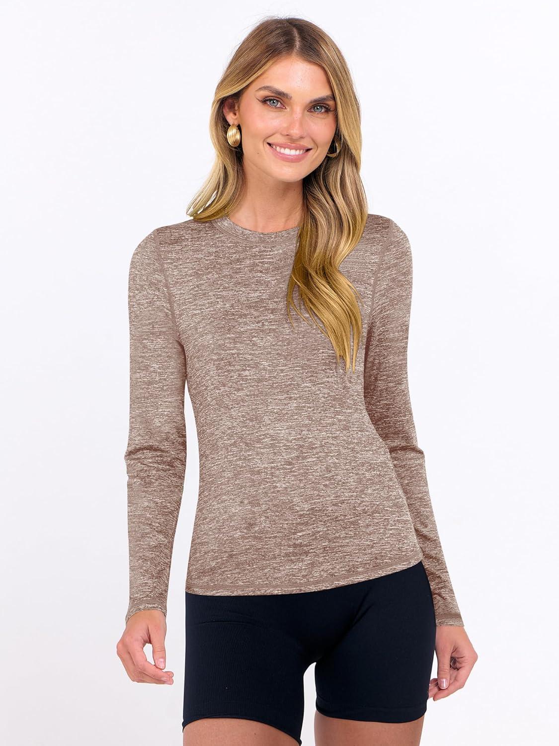 imageANRABESS Womens Long Sleeve Workout Quick Dry Fitted Yoga Gym Athletic ShirtsTaupe