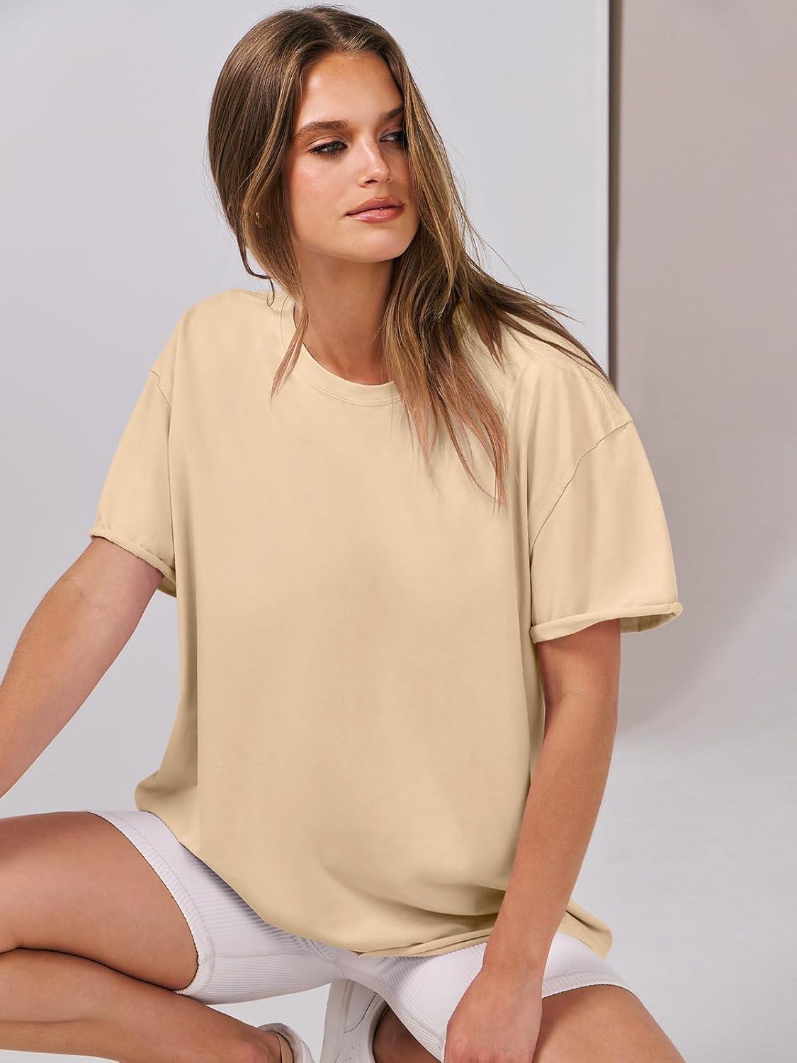 imageANRABESS Womens Tops Oversized T Shirts Loose Fit Short Sleeve Crewneck Summer Casual 2025 Trendy Boxy Tee BlouseApricot