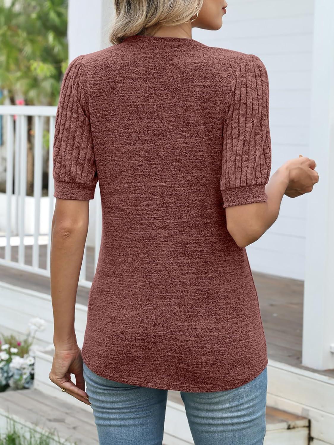 imageANRABESS Womens Tops Puff Short Sleeve Henley Shirt Dressy Casual Blouses Summer Sweater 2026 Spring Business Cute TunicsRust