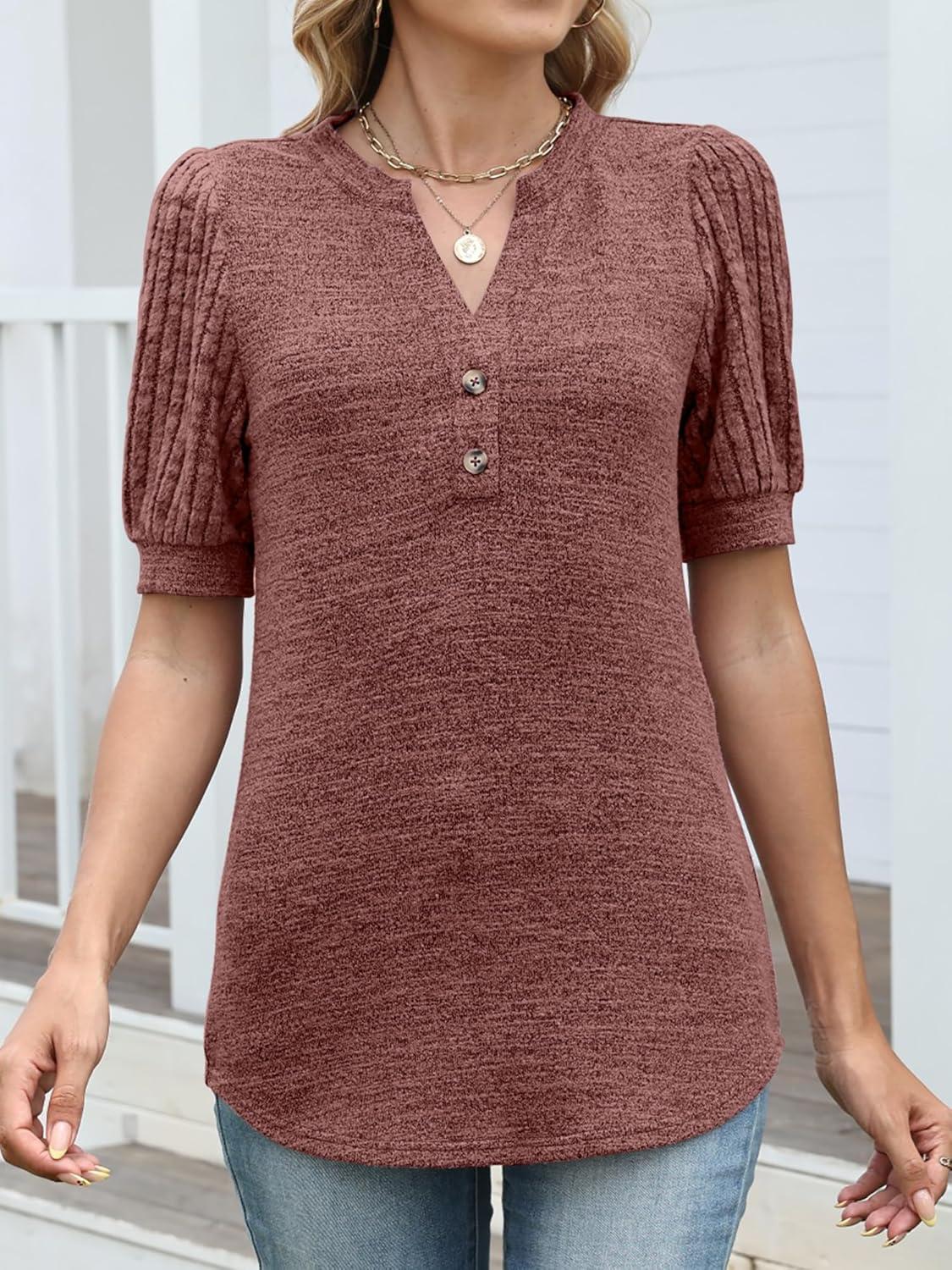 imageANRABESS Womens Tops Puff Short Sleeve Henley Shirt Dressy Casual Blouses Summer Sweater 2026 Spring Business Cute TunicsRust