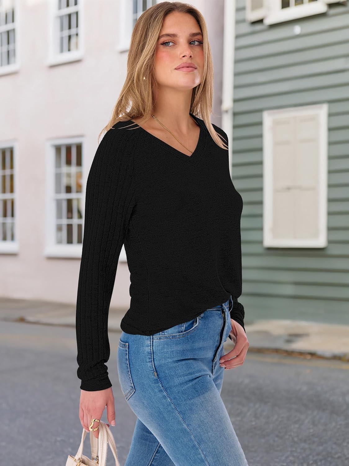 imageANRABESS Womens V Neck Ribbed Long Sleeve 2025 Fall Lightweight Soft Sweaters TopBlack