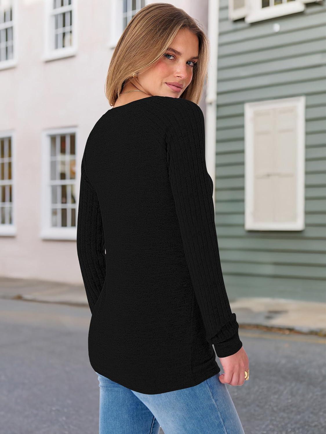 imageANRABESS Womens V Neck Ribbed Long Sleeve 2025 Fall Lightweight Soft Sweaters TopBlack