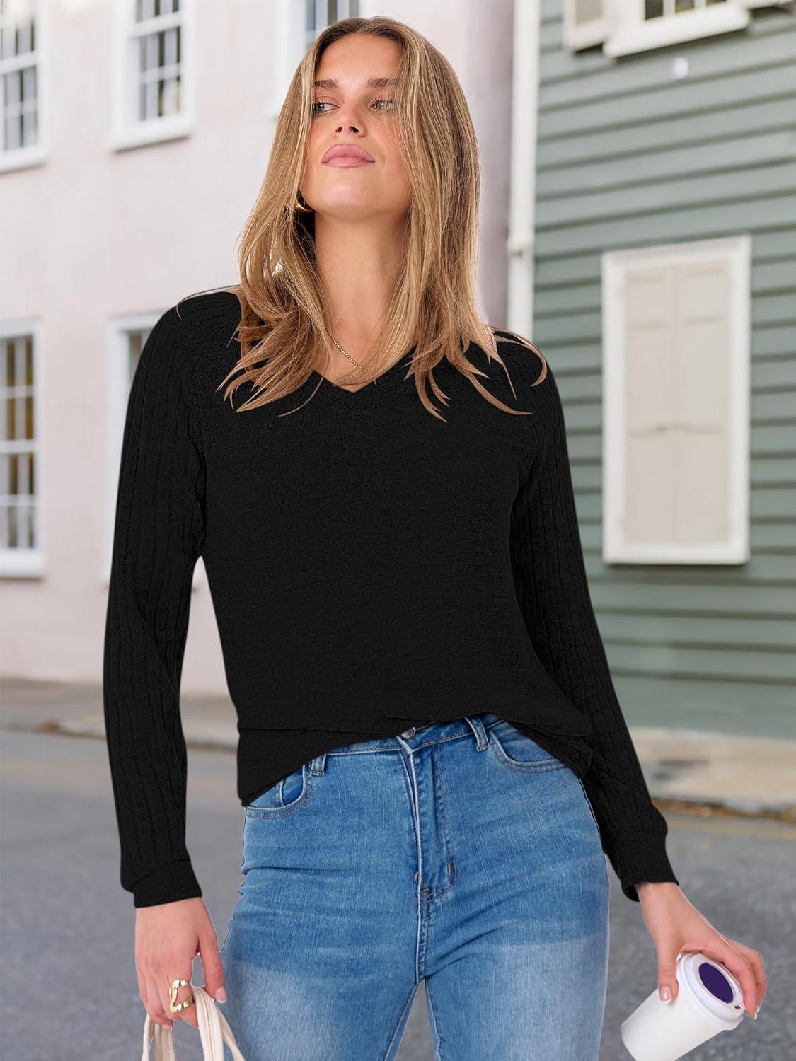 imageANRABESS Womens V Neck Ribbed Long Sleeve 2025 Fall Lightweight Soft Sweaters TopBlack
