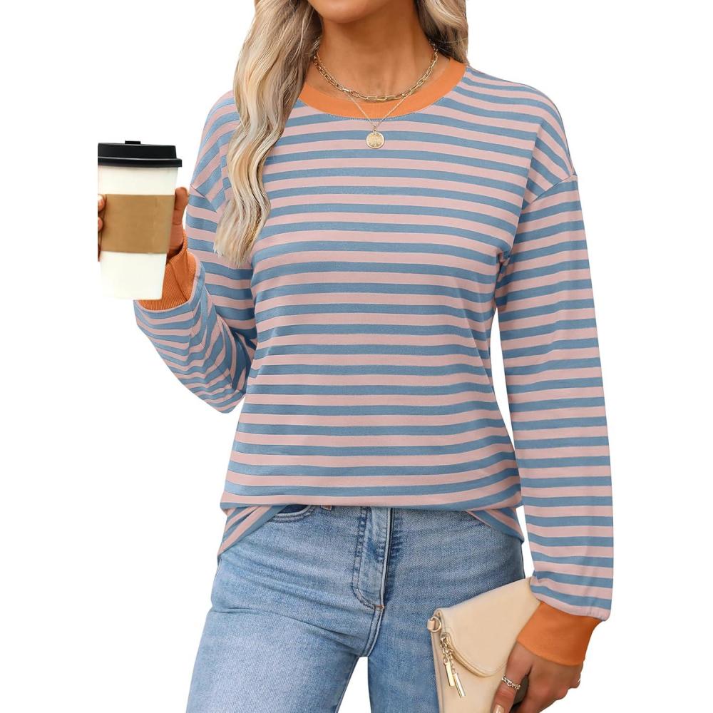 imageANRABESS Long Sleeve Shirts for Women Striped Crewneck Loose Fit Tunic Tops 2025 Fall Color Block TShirtBlue Stripes Combo