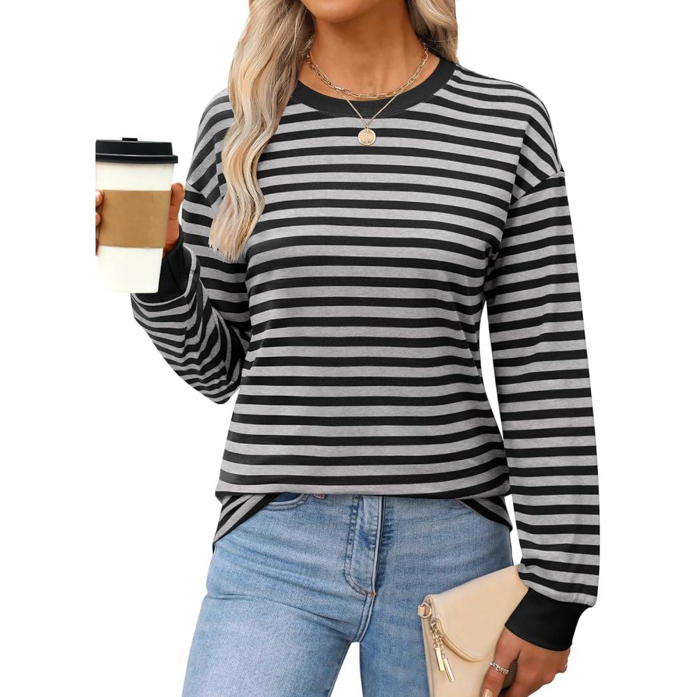 imageANRABESS Long Sleeve Shirts for Women Striped Crewneck Loose Fit Tunic Tops 2025 Fall Color Block TShirtGrey Stripes Combo