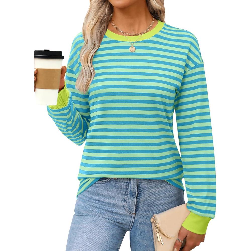 imageANRABESS Long Sleeve Shirts for Women Striped Crewneck Loose Fit Tunic Tops 2025 Fall Color Block TShirtLight Green Stripes Combo