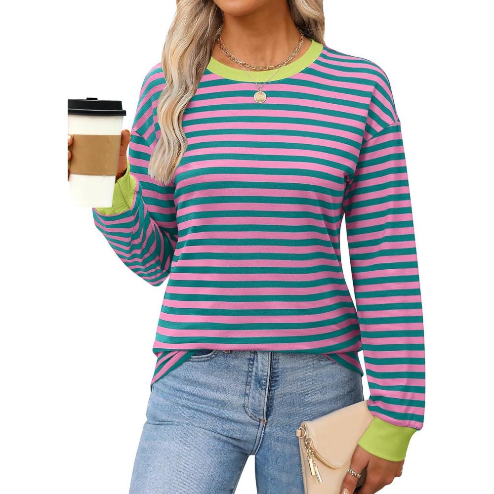 imageANRABESS Long Sleeve Shirts for Women Striped Crewneck Loose Fit Tunic Tops 2025 Fall Color Block TShirtPink Stripes Combo
