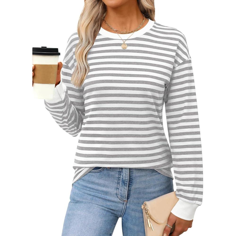 imageANRABESS Long Sleeve Shirts for Women Striped Crewneck Loose Fit Tunic Tops 2025 Fall Color Block TShirtWhite Stripes Combo