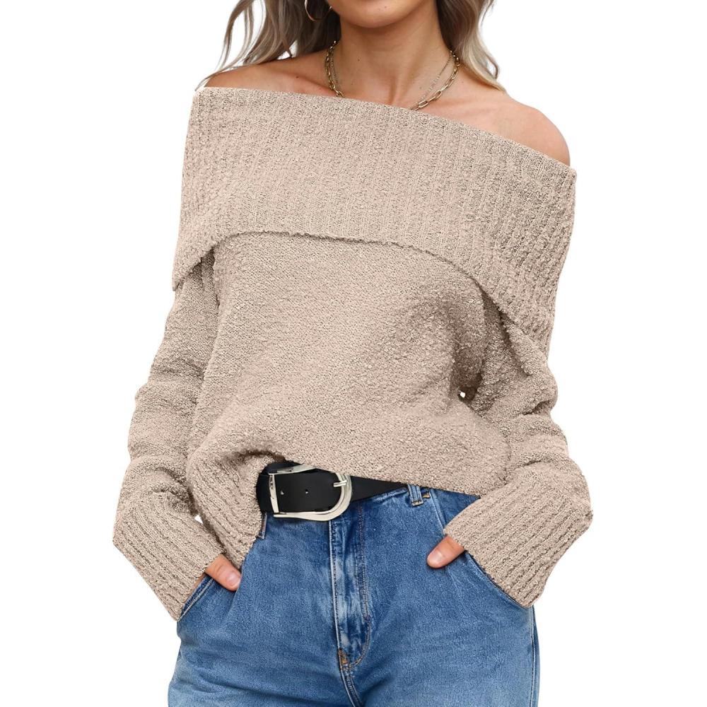 imageANRABESS Off The Shoulder Sweaters for Women 2025 Fall Turtleneck Long Sleeve Fuzzy Knit Warm Casual Winter SweaterLight Khaki