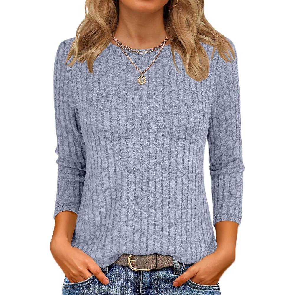 imageANRABESS Women 34 Sleeve Length Shirts 2025 Fall Lightweight Sweaters Loose Fit Ribbed Knit Casual Soft Layering TopsBlue