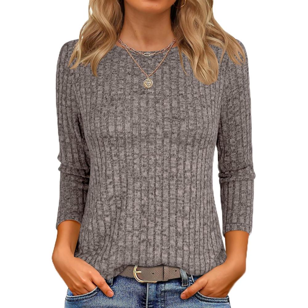 imageANRABESS Women 34 Sleeve Length Shirts 2025 Fall Lightweight Sweaters Loose Fit Ribbed Knit Casual Soft Layering TopsCool Ash Brown