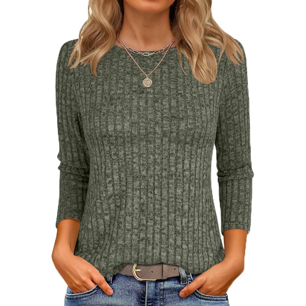 imageANRABESS Women 34 Sleeve Length Shirts 2025 Fall Lightweight Sweaters Loose Fit Ribbed Knit Casual Soft Layering TopsDeep Green