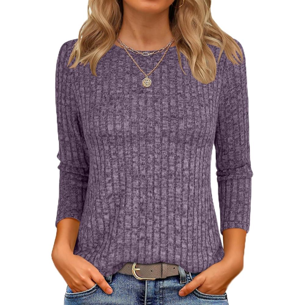 imageANRABESS Women 34 Sleeve Length Shirts 2025 Fall Lightweight Sweaters Loose Fit Ribbed Knit Casual Soft Layering TopsPurple