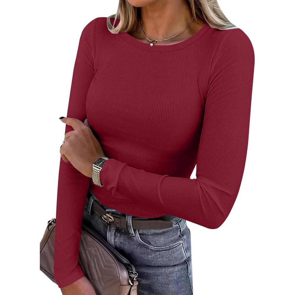 imageANRABESS Women Long Sleeve Shirts Rib Knit Slim Fit Tops Basic Tee 2025 Fall Outfits Casual TShirt Underscrubs Layer ClothesWine Red