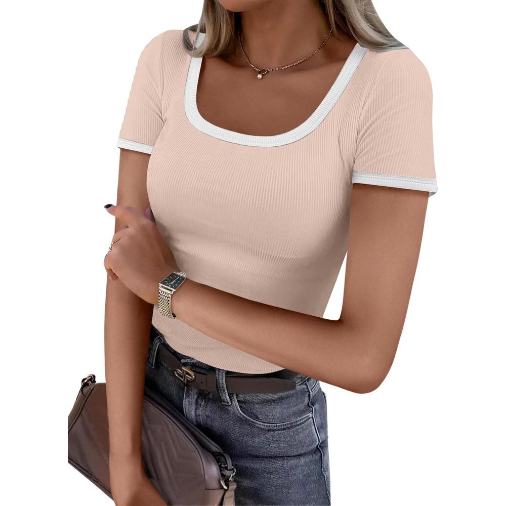 imageANRABESS Women Short Sleeve Tops Square Neck Ribbed Knit Color Block T Shirts Fitted Casual Summer 2025 Trendy Basic TeesApricot