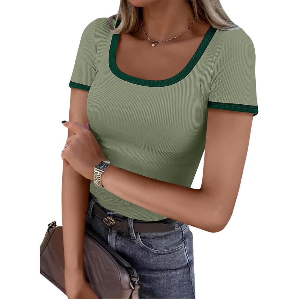 imageANRABESS Women Short Sleeve Tops Square Neck Ribbed Knit Color Block T Shirts Fitted Casual Summer 2025 Trendy Basic TeesArmy Green