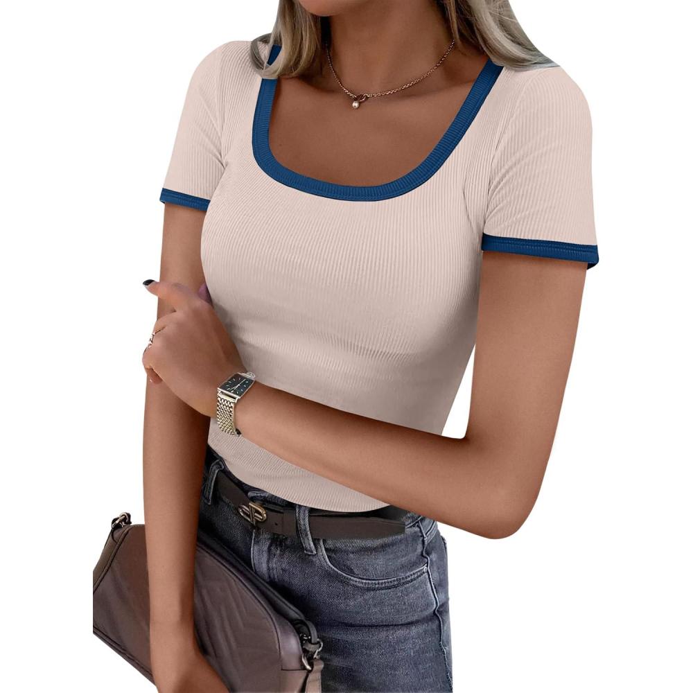 imageANRABESS Women Short Sleeve Tops Square Neck Ribbed Knit Color Block T Shirts Fitted Casual Summer 2025 Trendy Basic TeesBeige