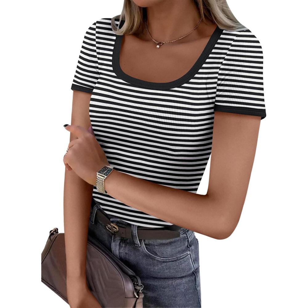 imageANRABESS Women Short Sleeve Tops Square Neck Ribbed Knit Color Block T Shirts Fitted Casual Summer 2025 Trendy Basic TeesBlack White Stripe