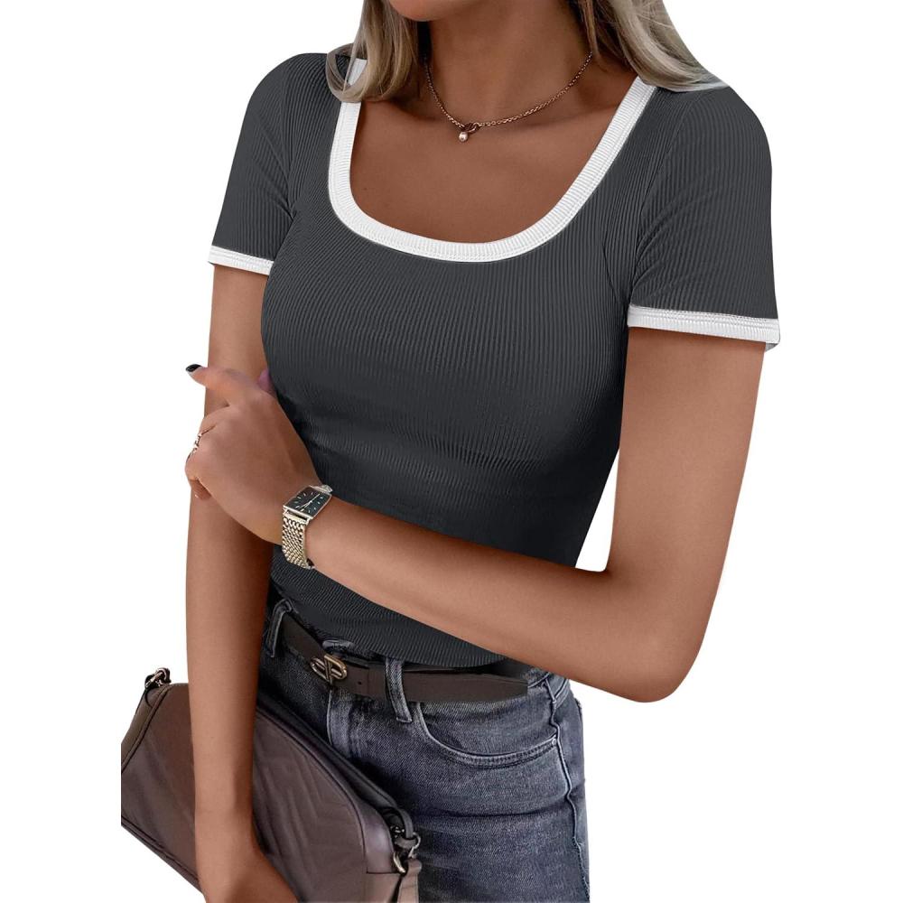 imageANRABESS Women Short Sleeve Tops Square Neck Ribbed Knit Color Block T Shirts Fitted Casual Summer 2025 Trendy Basic TeesDark Gray