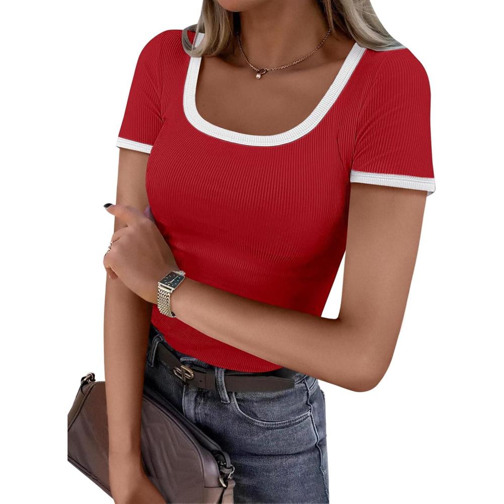 imageANRABESS Women Short Sleeve Tops Square Neck Ribbed Knit Color Block T Shirts Fitted Casual Summer 2025 Trendy Basic TeesDeep Red