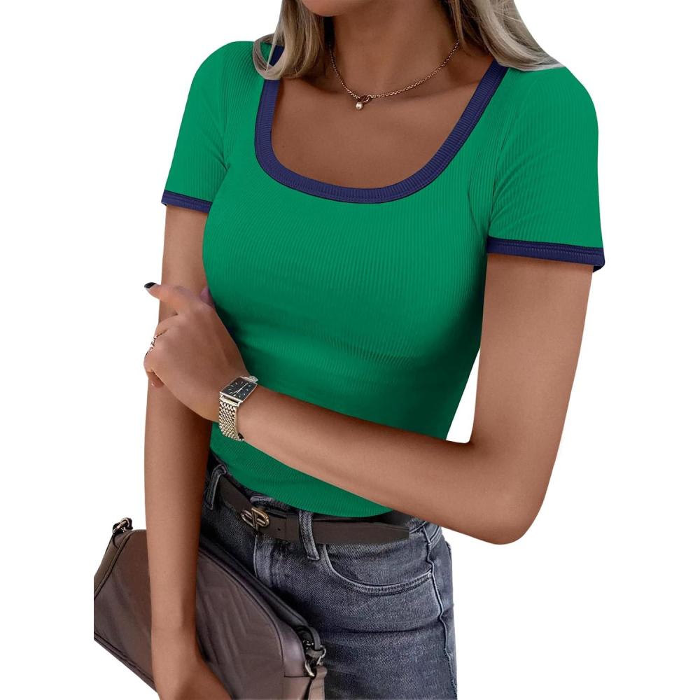 imageANRABESS Women Short Sleeve Tops Square Neck Ribbed Knit Color Block T Shirts Fitted Casual Summer 2025 Trendy Basic TeesGreen