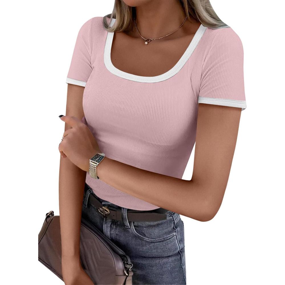 imageANRABESS Women Short Sleeve Tops Square Neck Ribbed Knit Color Block T Shirts Fitted Casual Summer 2025 Trendy Basic TeesLight Pink