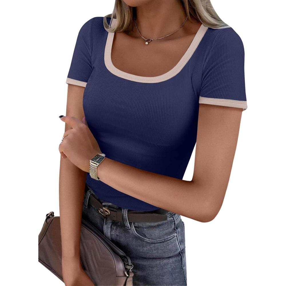 imageANRABESS Women Short Sleeve Tops Square Neck Ribbed Knit Color Block T Shirts Fitted Casual Summer 2025 Trendy Basic TeesNavy Blue